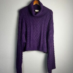 Elan Purple Chunky Cable Knit Turtleneck Sweater Cropped Cozy Long Sleeve Size L
